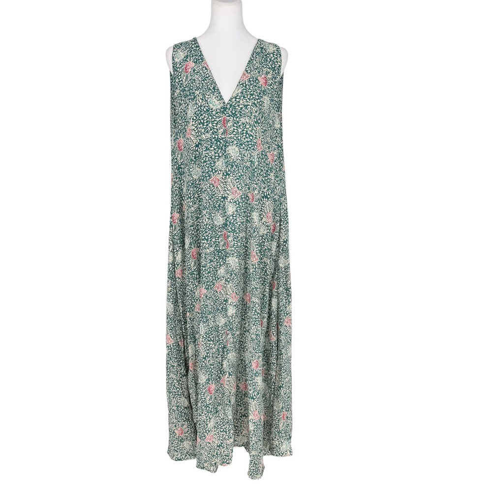 Natalie Martin Fiore Maxi Dress M 100% Silk Teal Floral Batik V-Neck Sleeveless